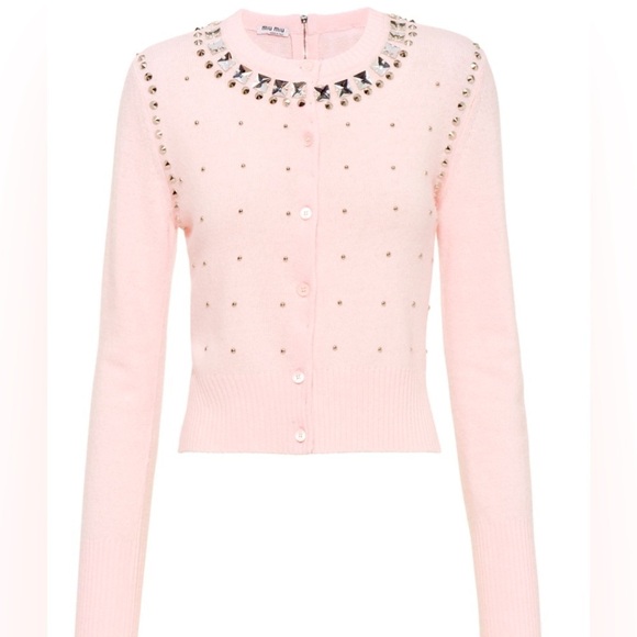 Miu Miu WOOL AND CASHMERE CARDIGAN WITH APPLIQUÉS IN ALABASTER PINK NWT - Picture 1 of 7